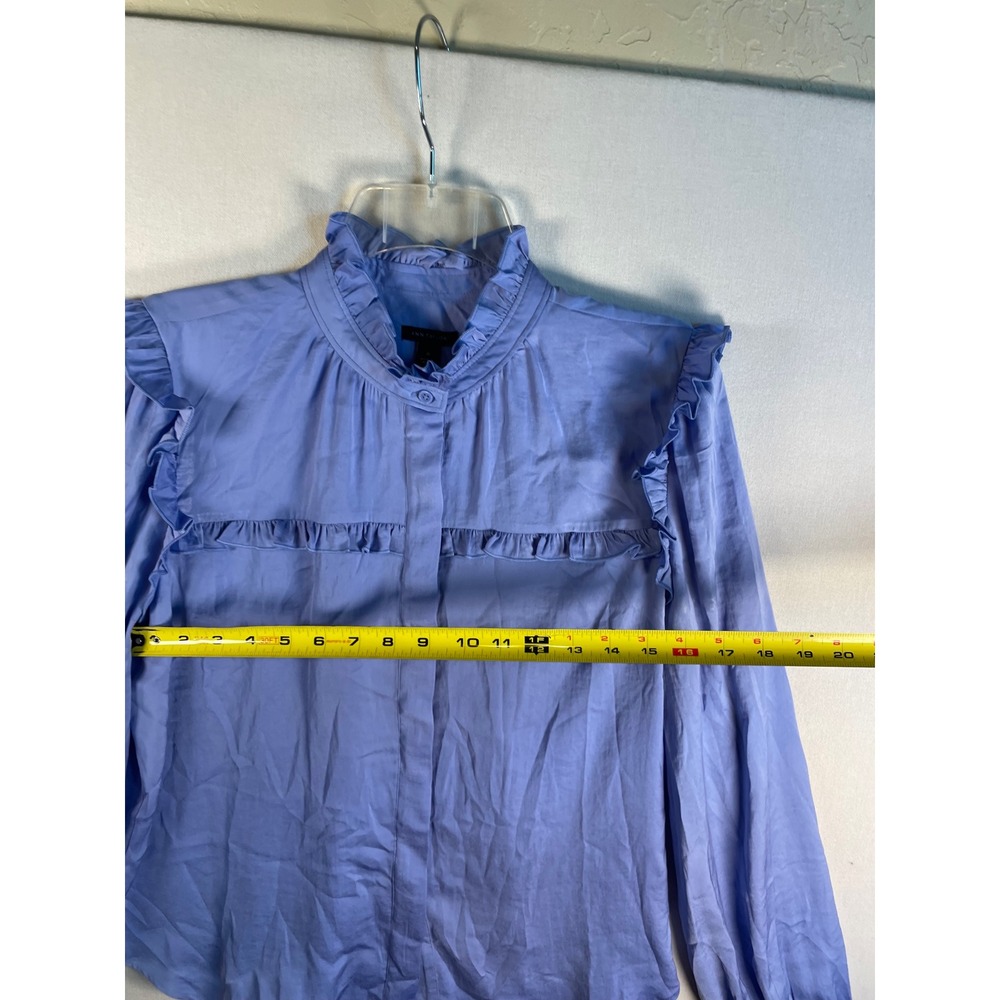 Ann Taylor Periwinkle Blue Ruffle High Neck Button Down Blouse Womens Medium M - Picture 4 of 7